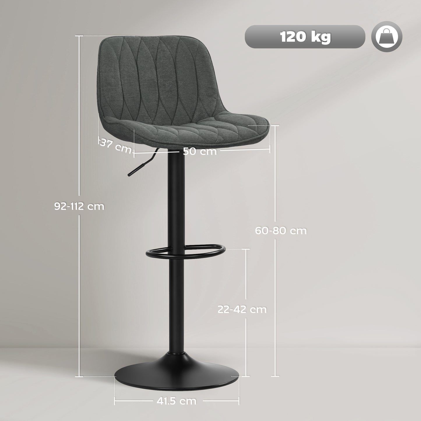 HOMCOM Set Of Two Linen Look Bar Stools Charcoal Grey Adjustable Height 60 To 80 Cm 360 Degree Swivel Padded Seats