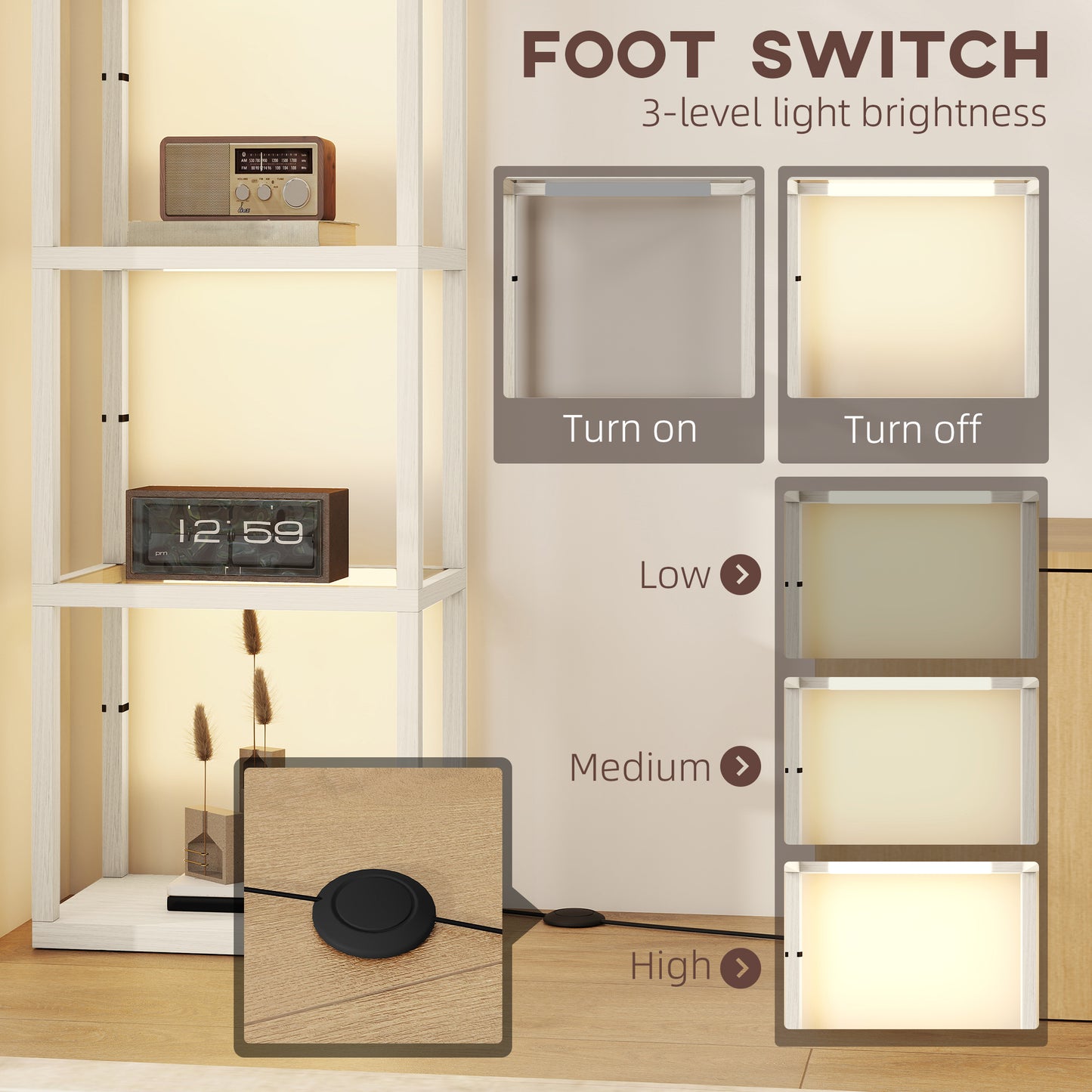 HOMCOM Four Shelf Floor Lamp With Bleached Oak Finish And Tempered Glass Shelves Three Level Adjustable LED Lighting
