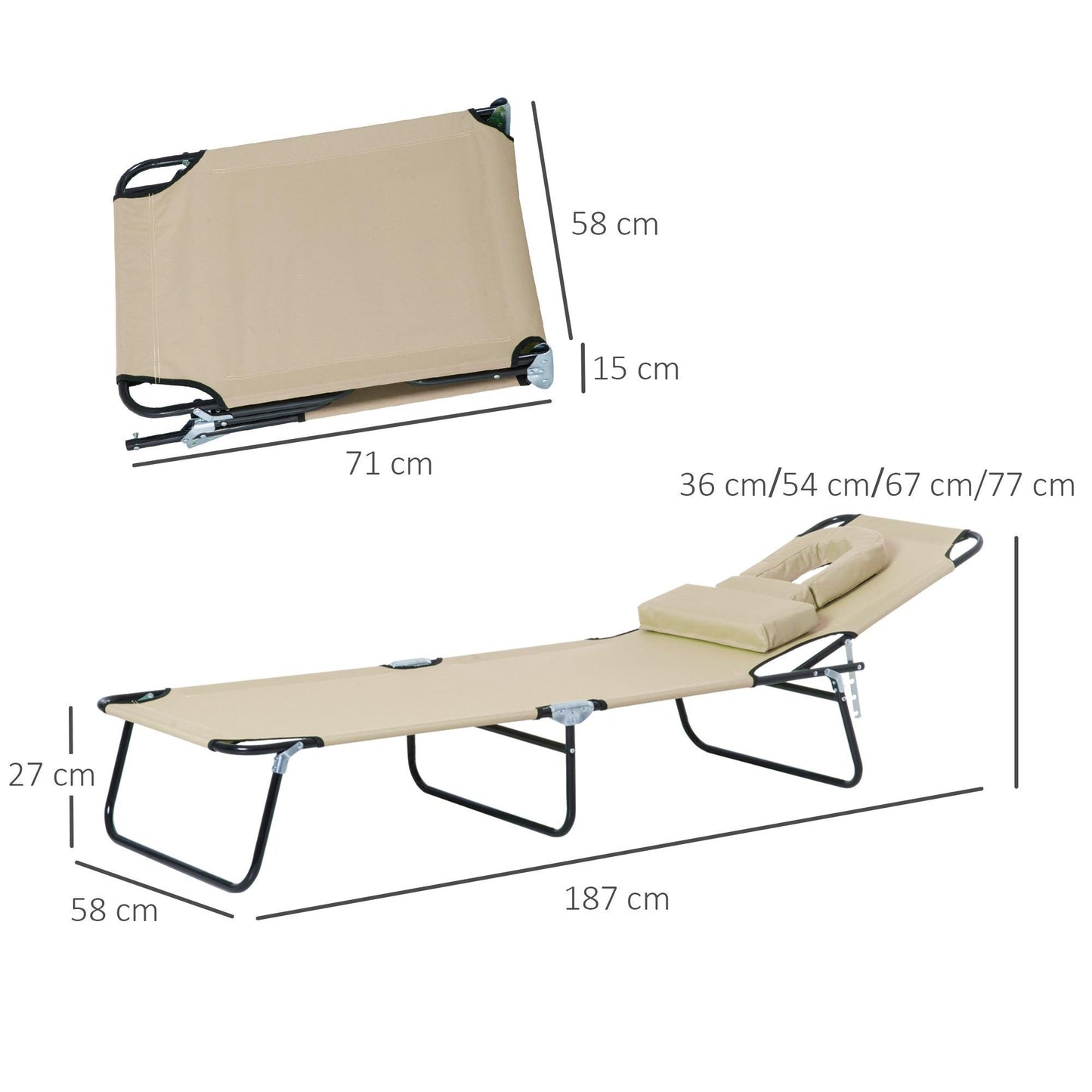 Outsunny Foldable Reclining Sun Lounger - Beige - ALL4U RETAILER LTD