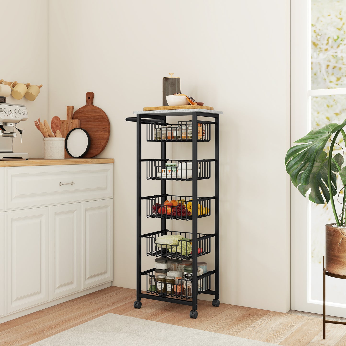 HOMCOM Five Basket Mobile Kitchen Island With Brakes Grey Black Marble Countertop