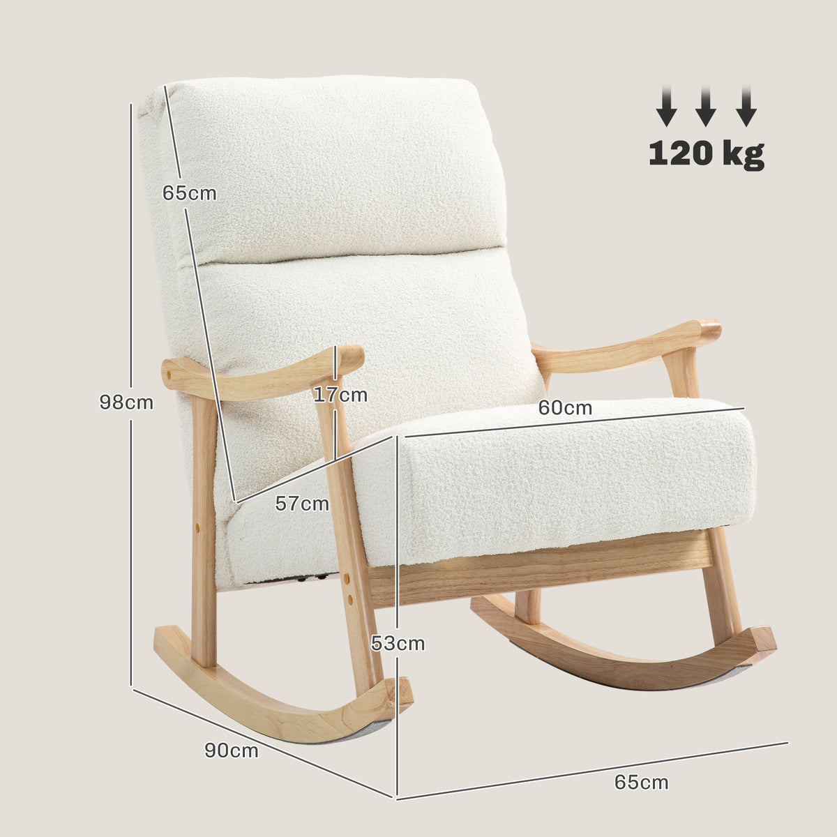 Cream upholstered high back nursing rocking chair with wooden rockers and armrests