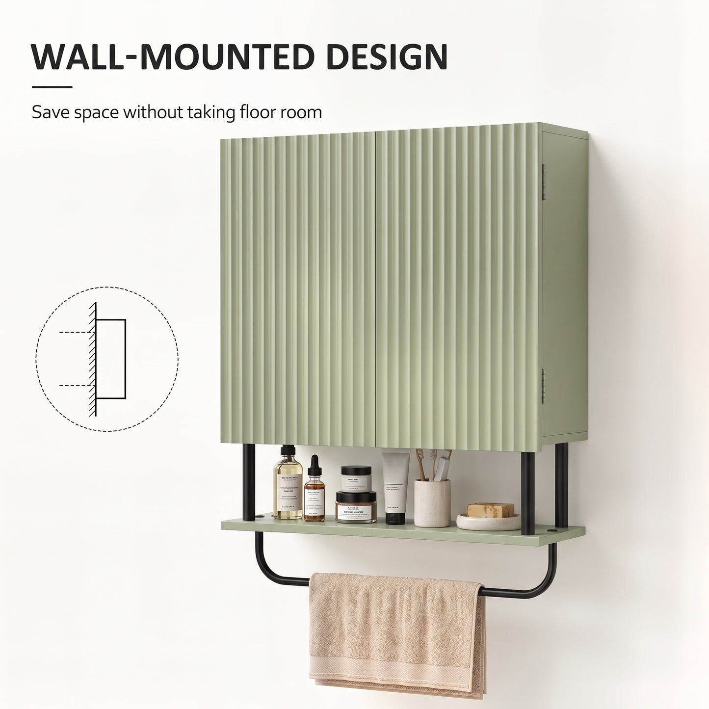 Homcom Bathroom Wall Cabinet With Storage Shelf And Towel Bar Green