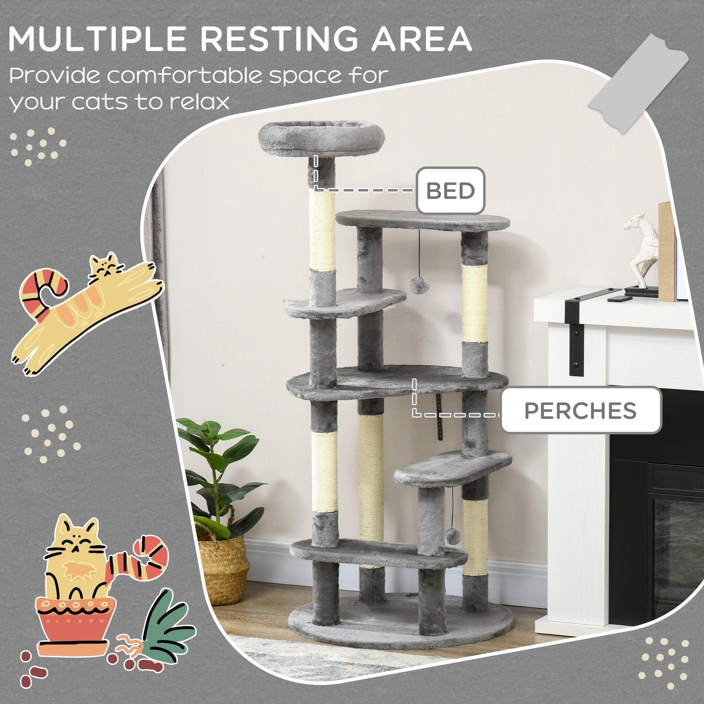 PawHut Cat Tree for Indoor Cats, Modern Cat Tower with Scratching Posts, Bed - ALL4U RETAILER LTD