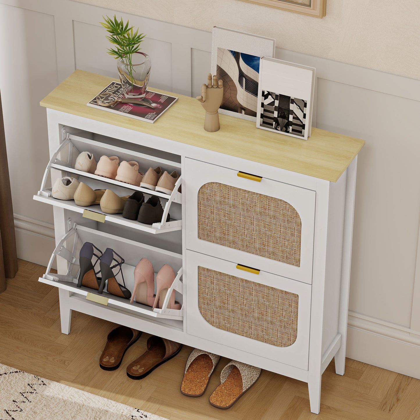 HOMCOM Narrow Boho Rattan Shoe Cabinet With 4 Flip Drawers Holds 20 Pairs White Entryway Storage