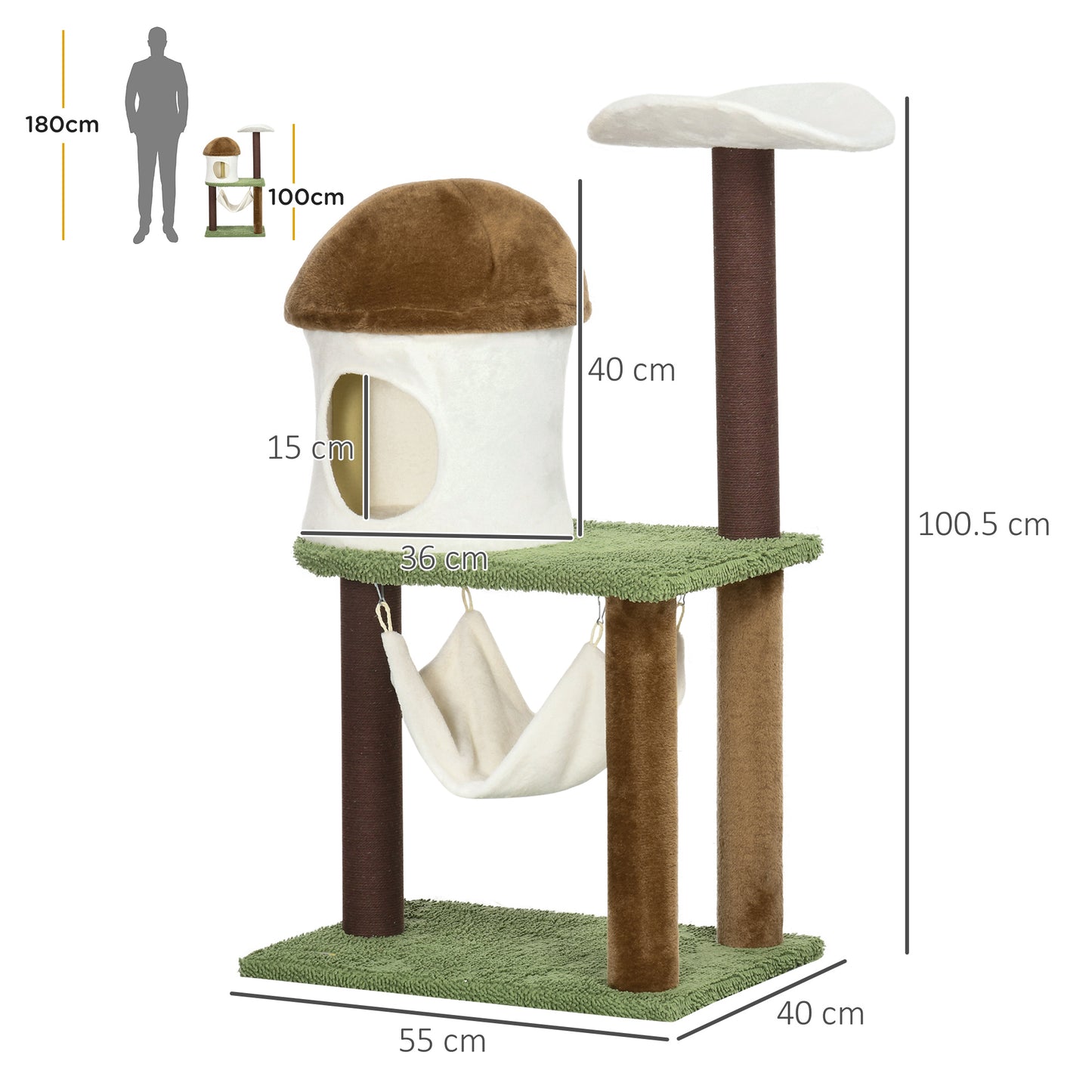 PawHut 100cm Cat Activity Center with Mushroom Condo, Scratching Posts, and Hammock in Green - ALL4U RETAILER LTD