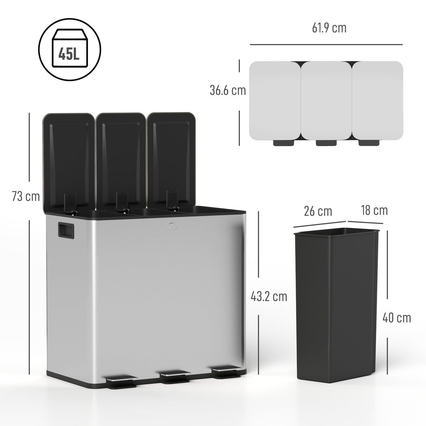HOMCOM 3 X 15L Pedal Bin Stainless Steel Triple Kitchen Bin With Soft Close Lid And Removable Inner Buckets