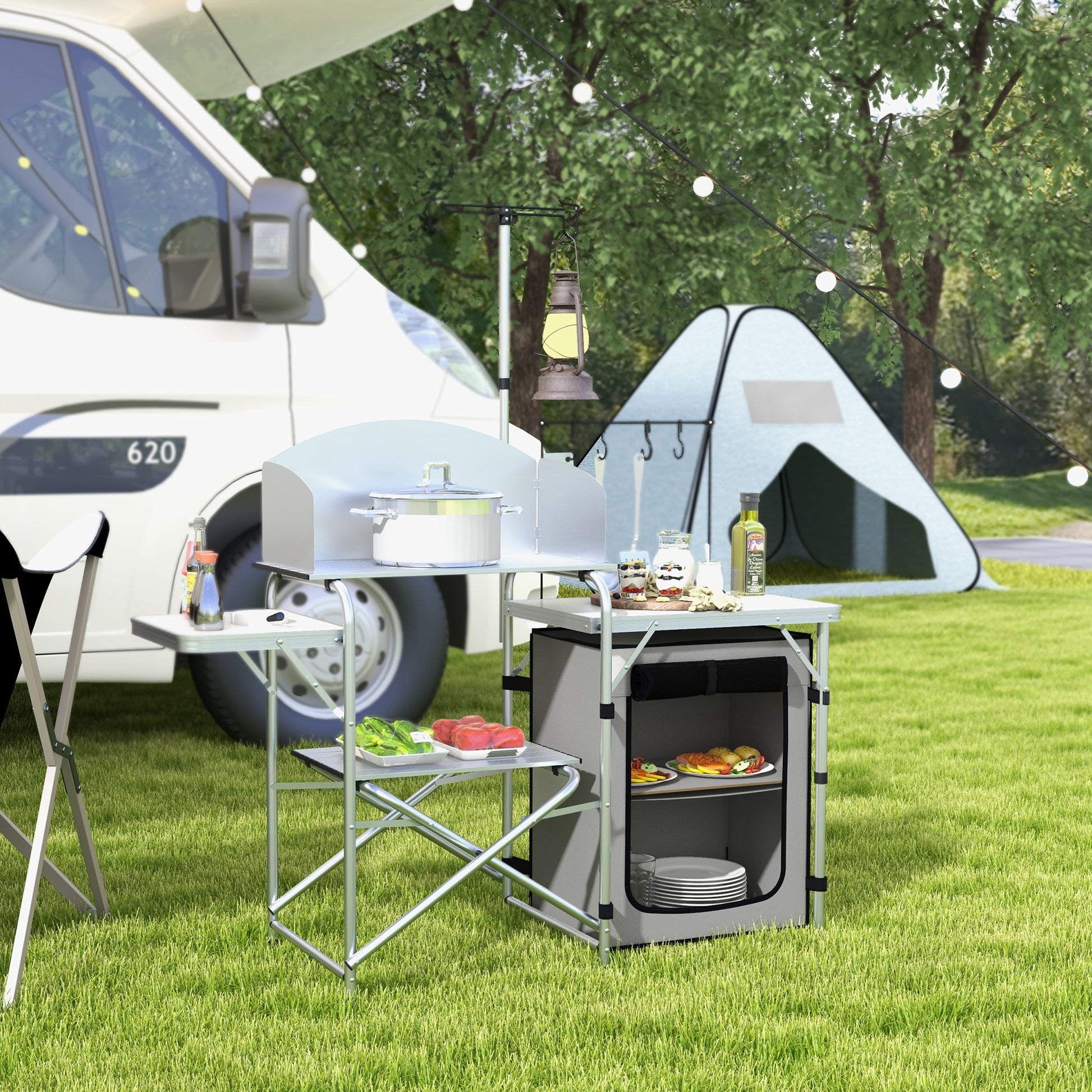 Outsunny All-in-One Portable Camping Kitchen with Aluminium Folding Table, Windshield & Light Stand - Includes Carry Bag - ALL4U RETAILER LTD