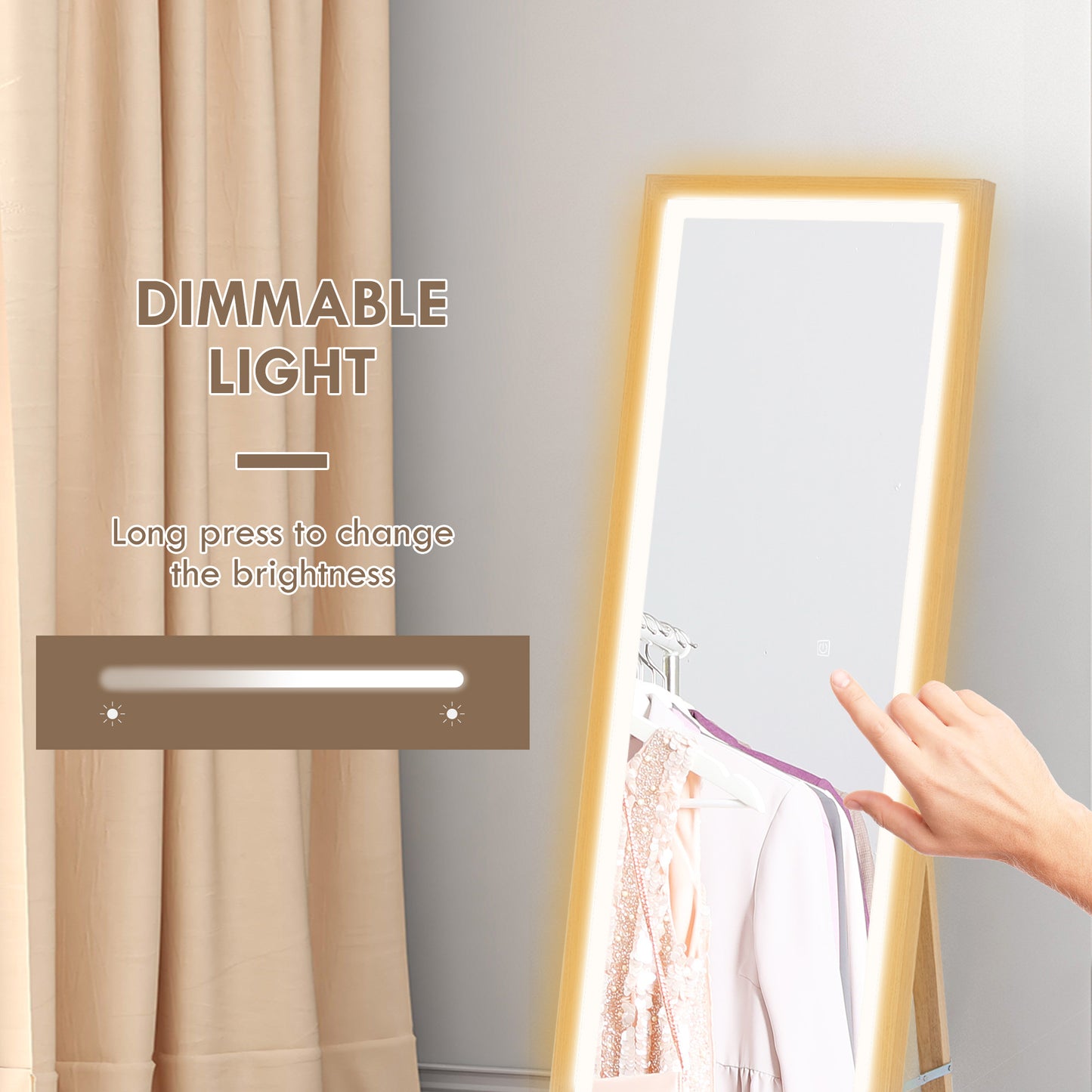 HOMCOM Full Length Mirror With Adjustable Outer LED Light In Oak Finish Three Color Temperatures