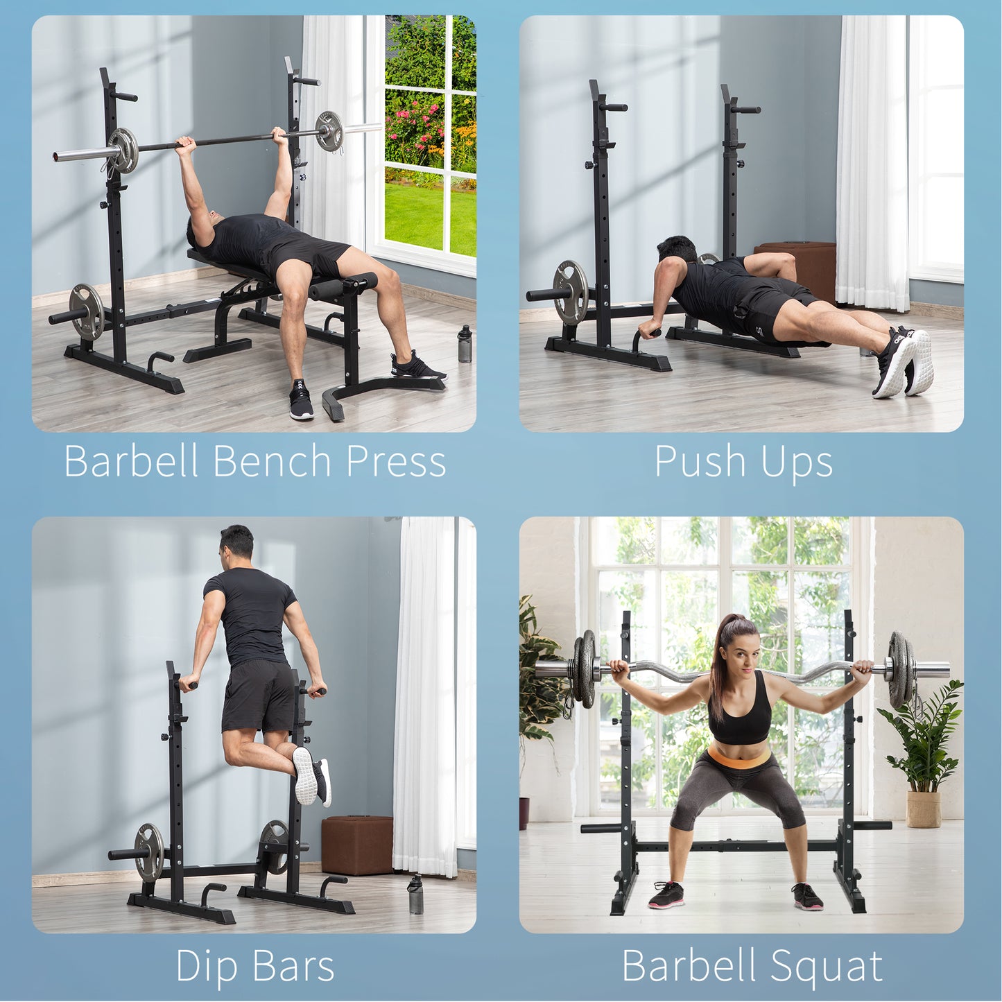 HOMCOM Heavy-Duty Adjustable Barbell Squat Rack and Weight Lifting Bench Station for Home Gym, Black - ALL4U RETAILER LTD