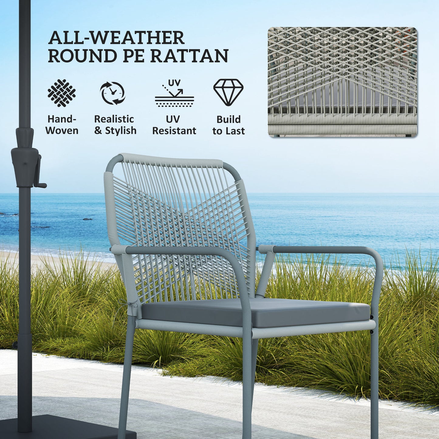 Outsunny Five Piece PE Rattan Outdoor Garden Dining Set with Cushions and Stackable Chairs Light Grey