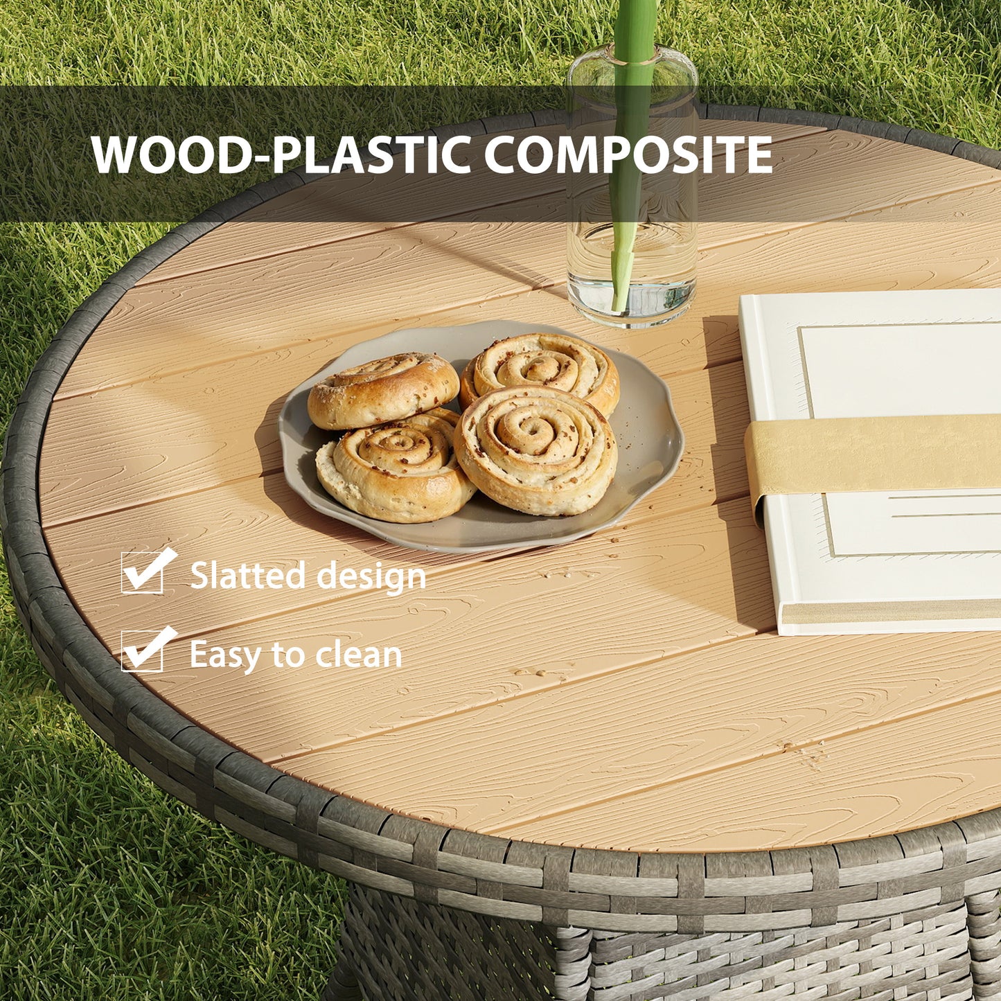 Outsunny 70 Cm Wood Effect Rattan Garden Table With Galvanised Steel Frame Natural Wood Finish