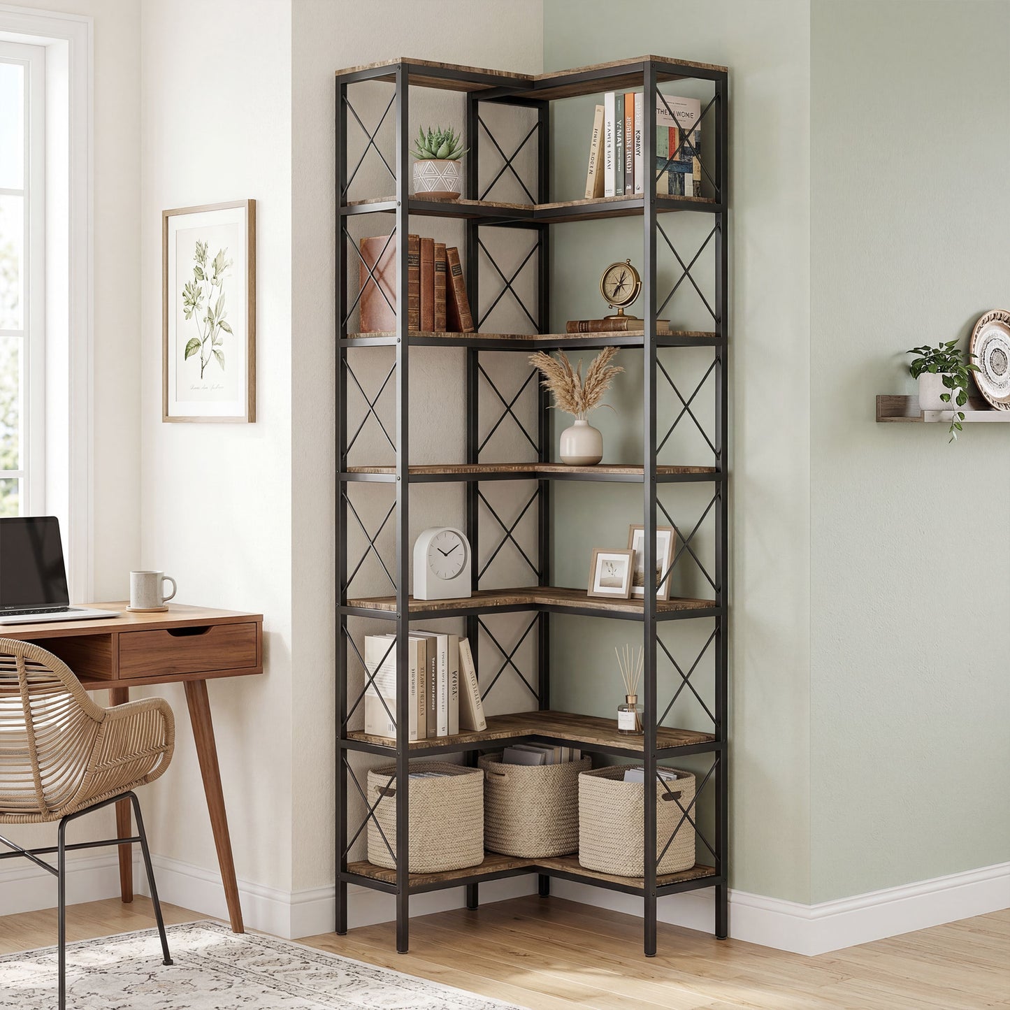 HOMCOM 200 cm Industrial 6 Tier L Shaped Bookshelf Freestanding Corner Bookcase With Metal Frame Rustic Brown Finish