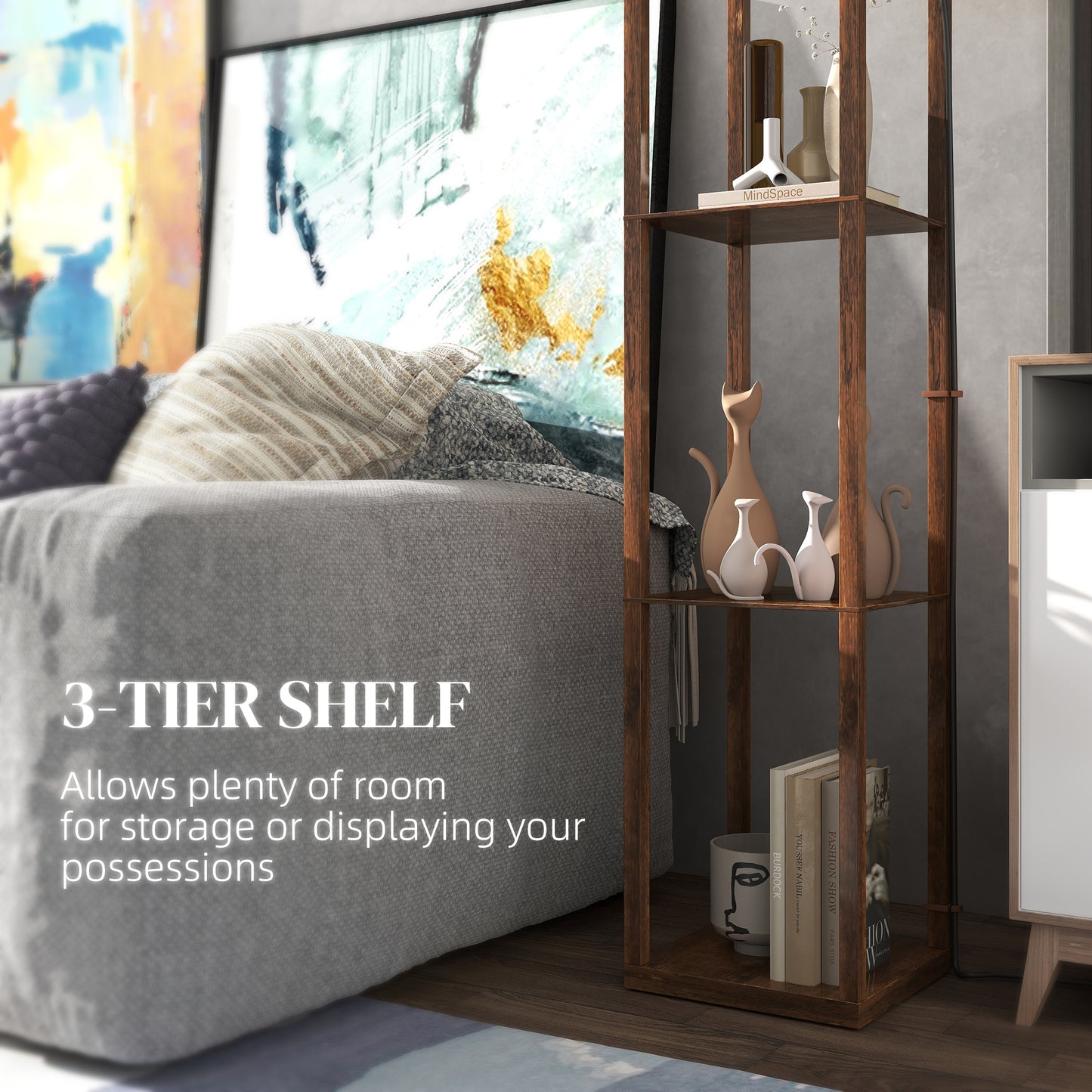 HOMCOM Three Shelf Standing Lamp With Rustic Brown White Finish And Integrated Storage Shelves