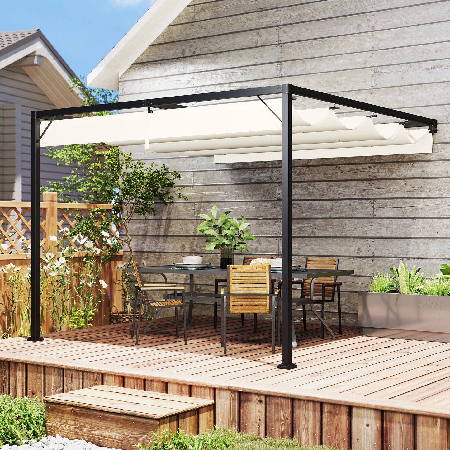 Outsunny 3x3 Meter Pergola With Sliding Canopy Cream White Outdoor Gazebo For Patio Parties And Dining