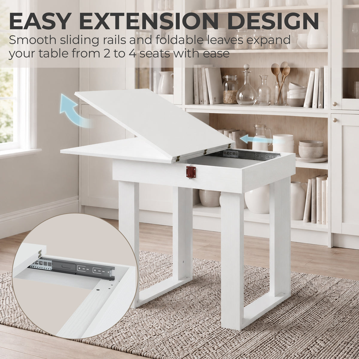 HOMCOM Folding Extendable Dining Table With Storage White Steel Rails