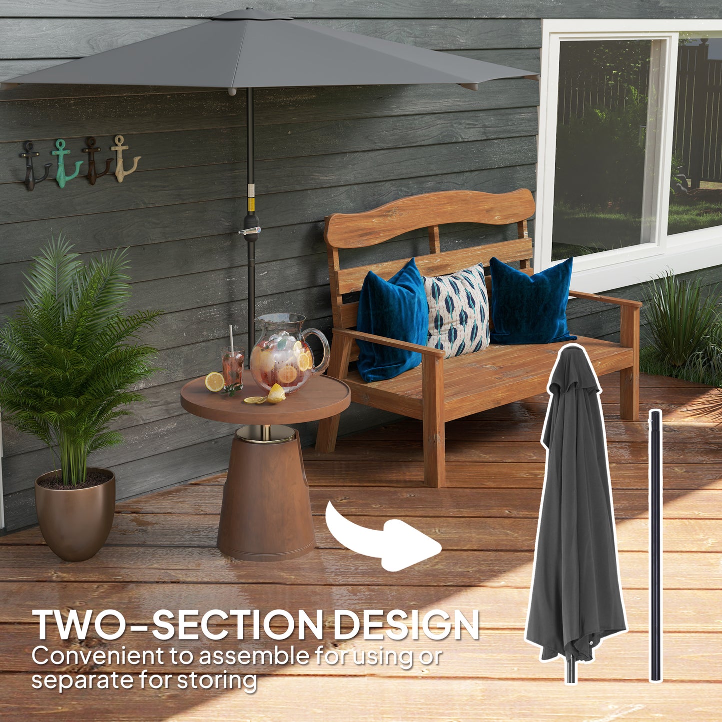 Outsunny 3 Meter Half Parasol Wall Mounted Semi Round Umbrella With Metal Frame Crank Handle Dark Grey