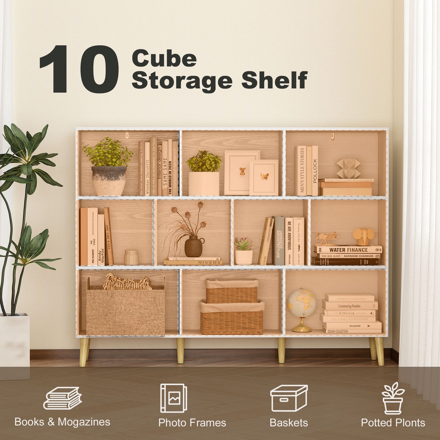 HOMCOM 10-Cube Bookcase with Solid Wood Legs, 140cm Modern 3-Tier Bookshelf, Anti-Tip Kit, White