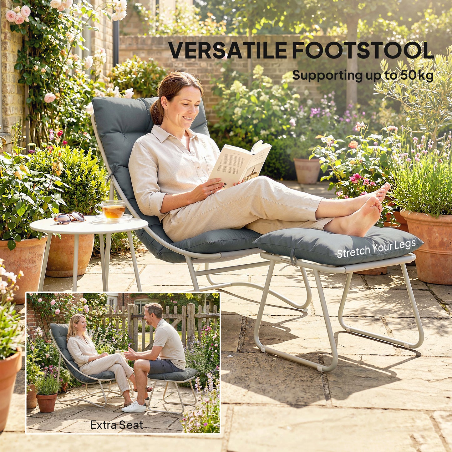 Outsunny 3 Piece Garden Bistro Set With Footstool And Removable Cushions For Outdoor Table And Chairs