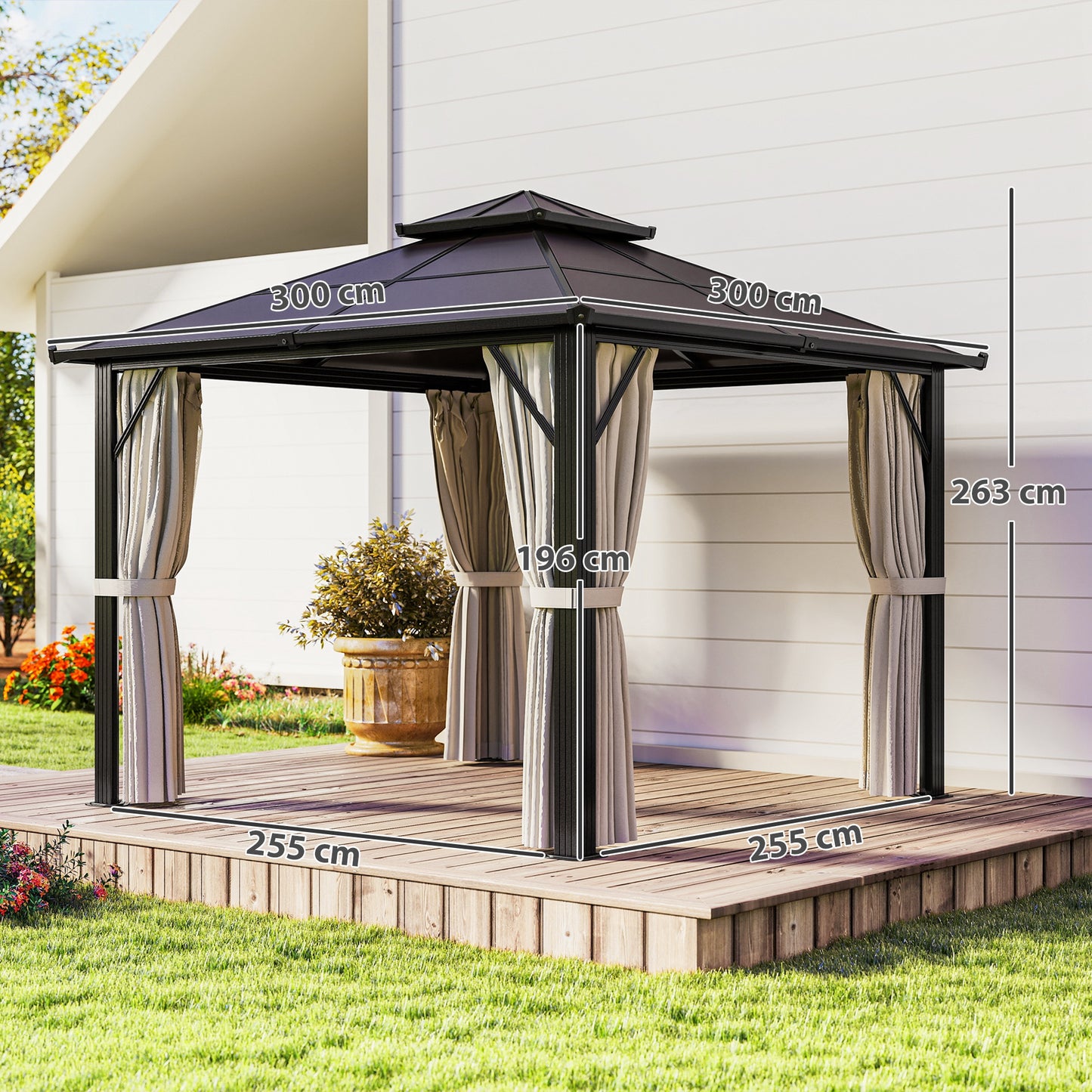 Outsunny 3x3m Hardtop Gazebo With UPF30 Polycarbonate Roof Aluminum Frame Pavilion Mosquito Netting Curtains Beige
