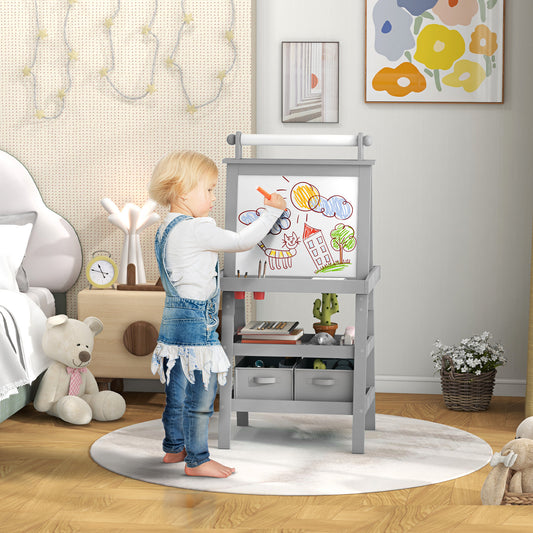 AIYAPLAY 3 in 1 Kids Easel Double Sided Magnetic Whiteboard and Chalkboard with Paper Roll and Storage Baskets Grey
