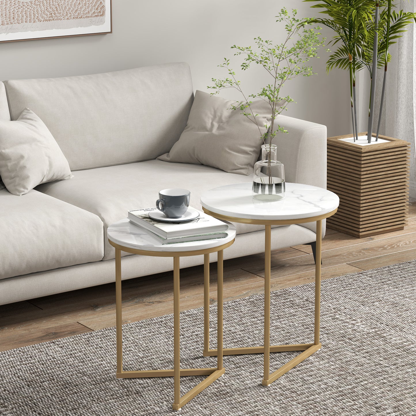 HOMCOM Marble Effect Nesting Tables Set Of Two White And Gold Tone Finish Perfect For Living Room And Hallway