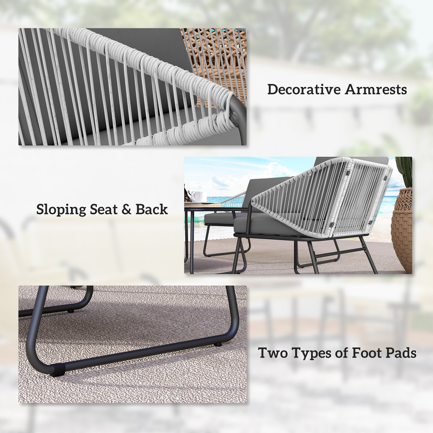Outsunny Four Piece Rattan Outdoor Sofa Set with Strong Steel Frame Grey Loveseat Two Chairs and Coffee Table
