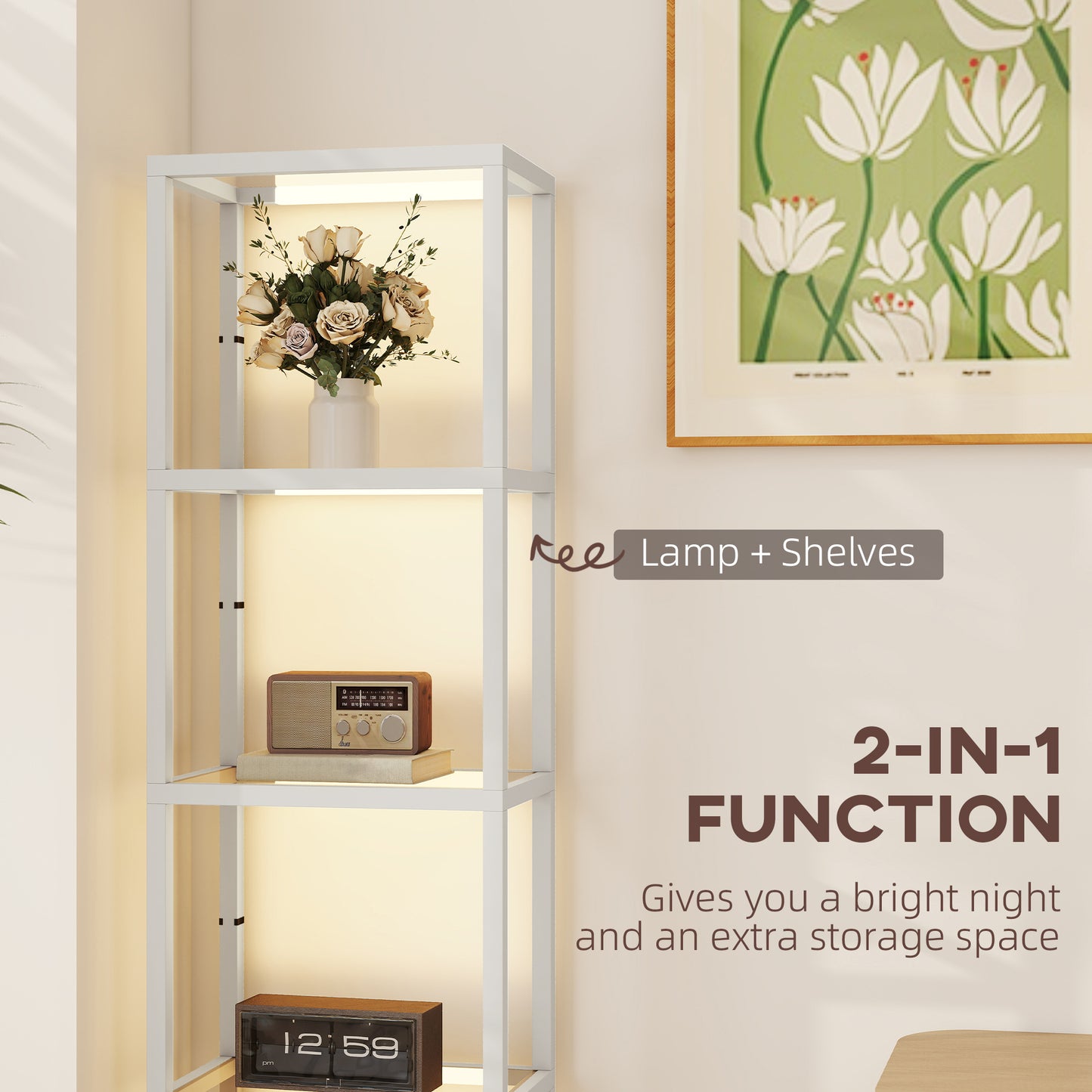 HOMCOM Four Shelf Floor Lamp With Tempered Glass Shelves Warm White LEDs Three Brightness Levels Grey