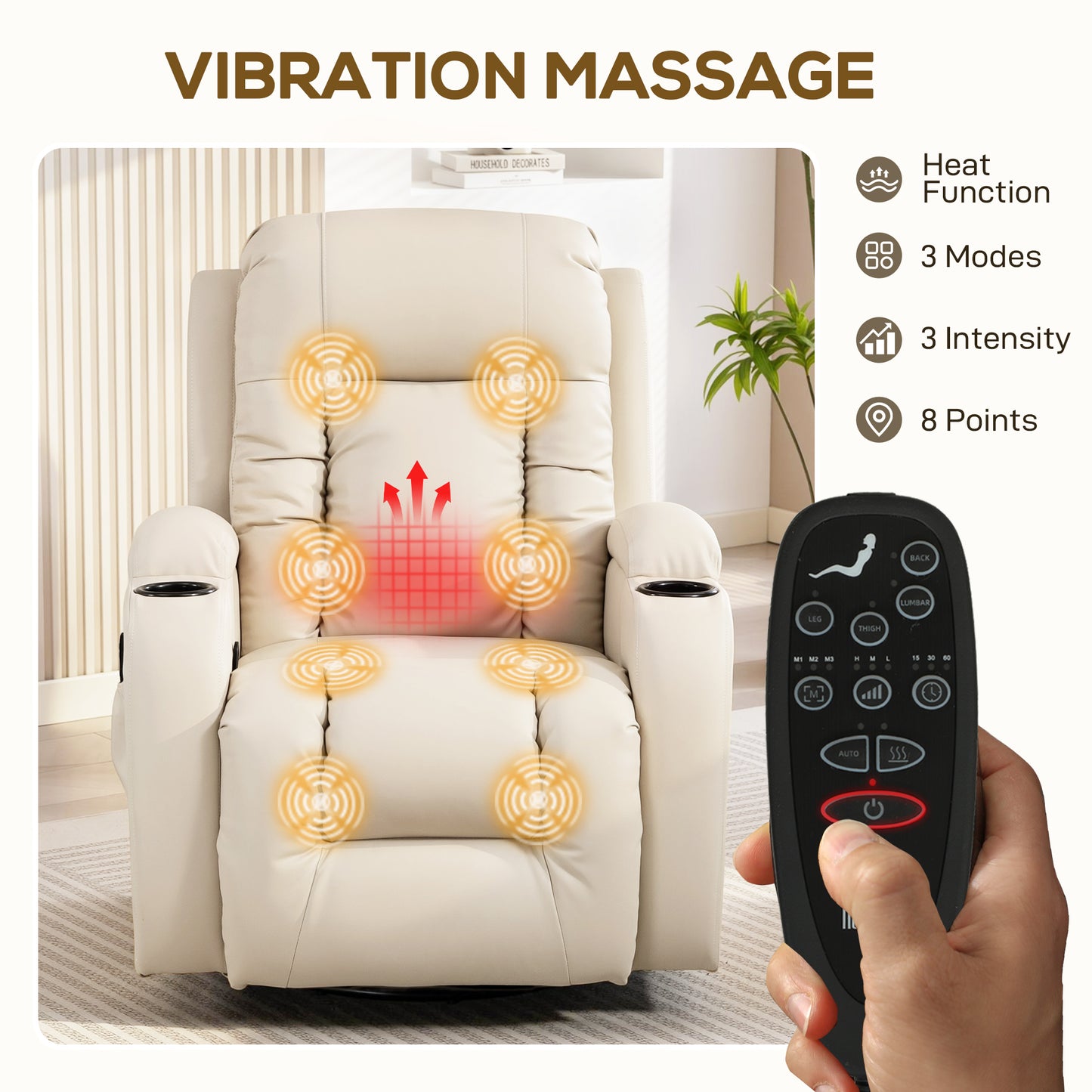 HOMCOM PU Leather Eight Point Vibrating Massage Recliner Chair With Extended Footrest Cup Holders Side Pockets Cream