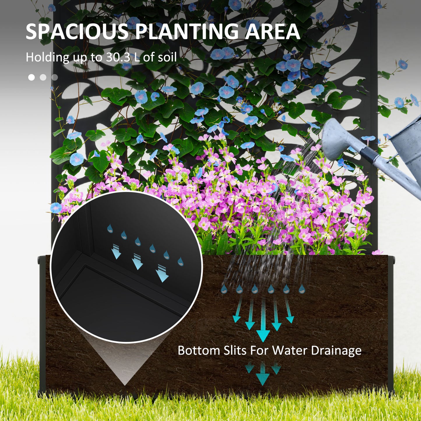 Outsunny Outdoor Metal Planter With Back Trellis Black Powder Coated 23 x 58 cm 32L Soil Capacity