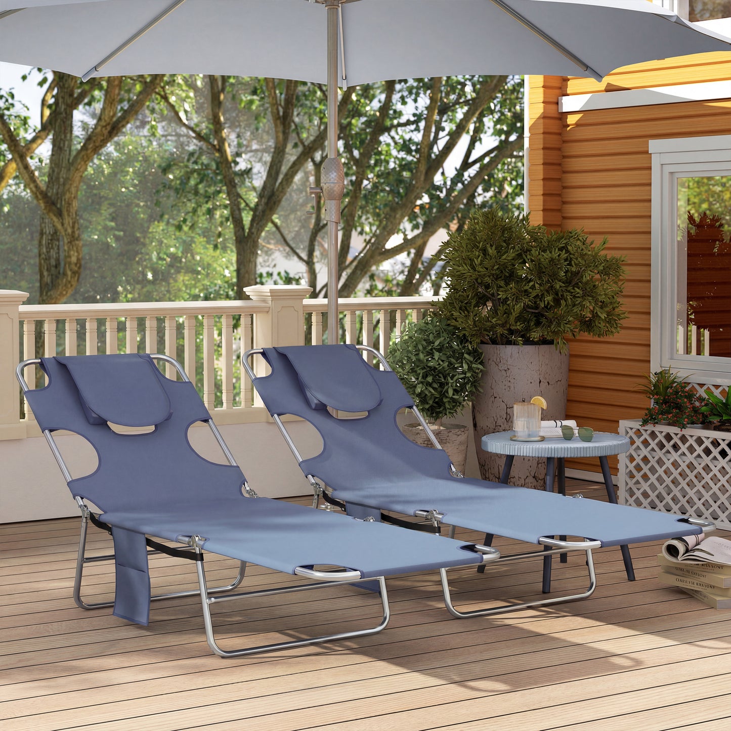 Outsunny 5 Position Adjustable Sun Loungers Set Of 2 With Reading Hole And Side Pocket Grey