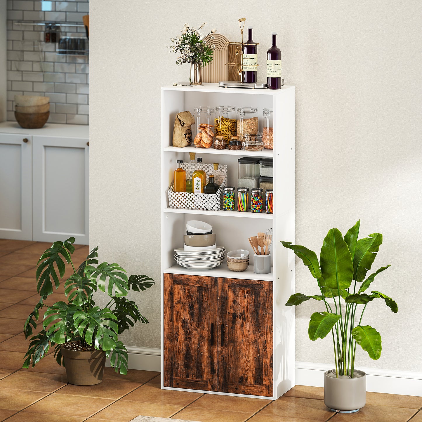 HOMCOM 5 Tier Bookcase With Adjustable Shelves Rustic Brown Open Shelving And Enclosed Storage Anti Tip Kit