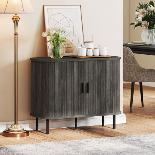 HOMCOM Mid Century Modern Sideboard Storage Cabinet With Slatted Tambour Doors Grey Kitchen Unit With Steel Legs