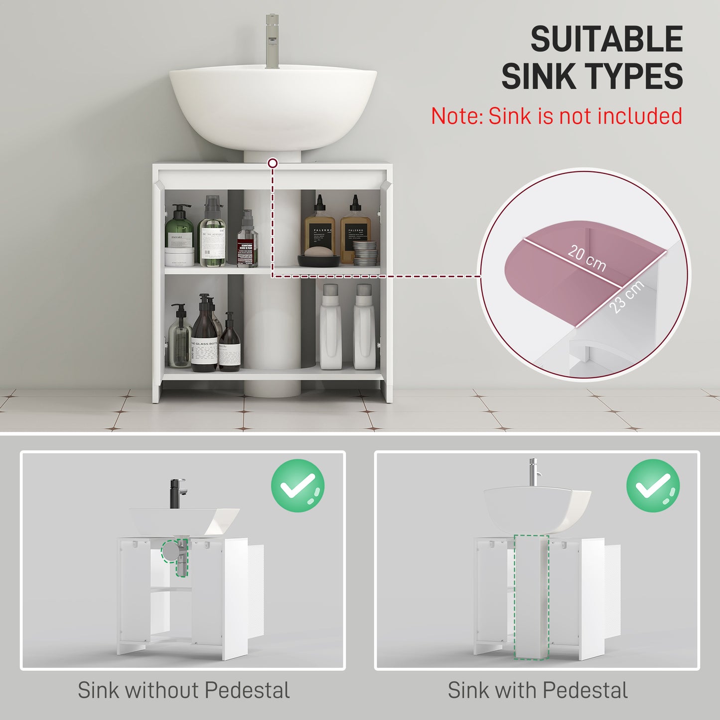 HOMCOM Freestanding Under Sink Cabinet For Bathroom With Two Doors And Shelf White Diamond Pattern Doors U Shaped Cutout