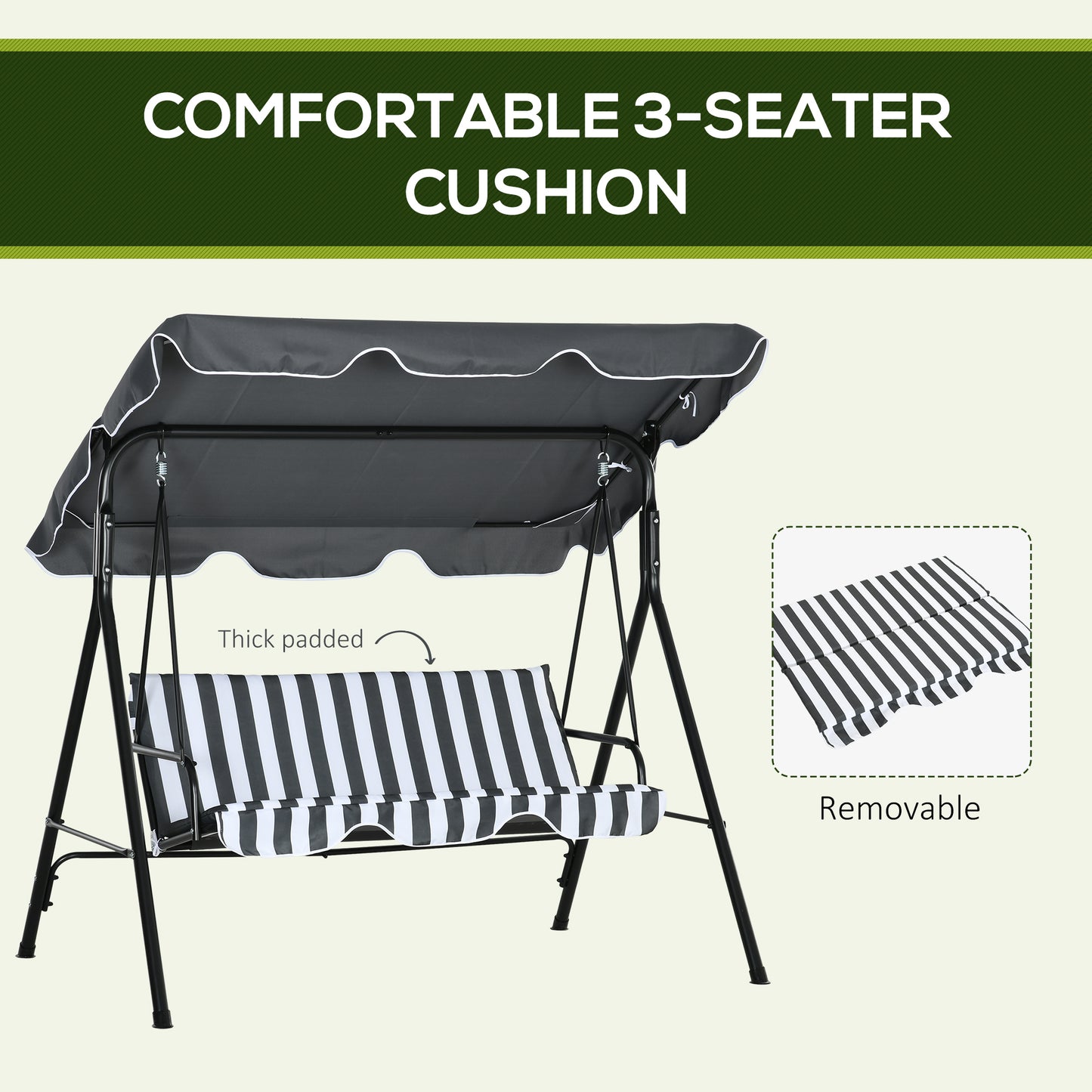 Outsunny 3 Seater Garden Swing Chair With Adjustable Canopy Metal Frame And Cushions In Grey