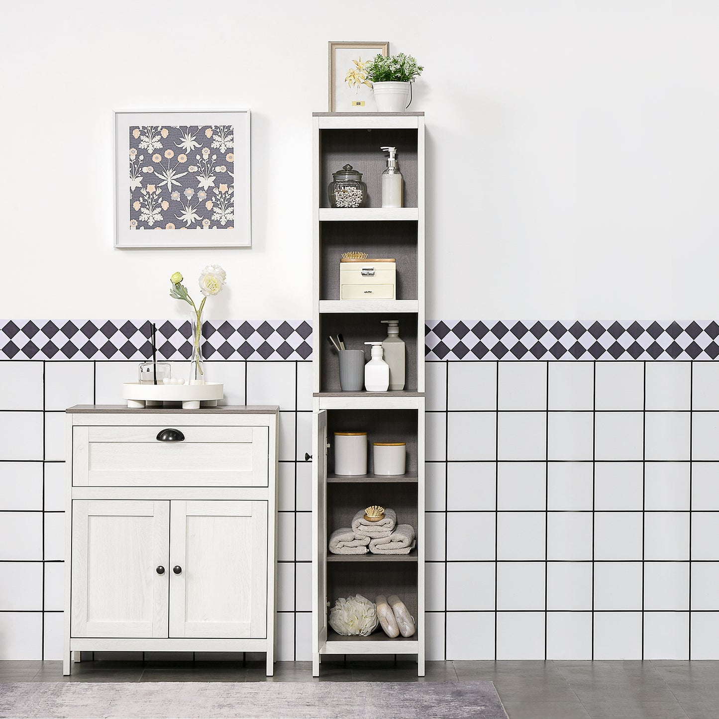Kleankin Antique White Six Tier Tall Bathroom Storage Cabinet With Adjustable Shelves And Anti Tip