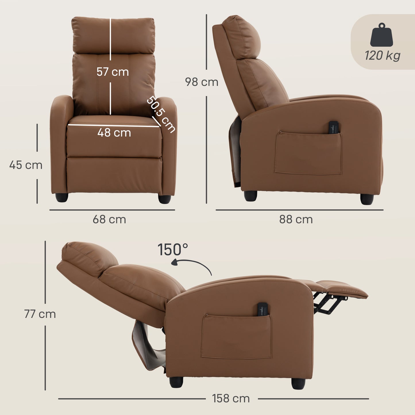 Homcom Massage Recliner Faux Leather Push Back Armchair Dark Brown