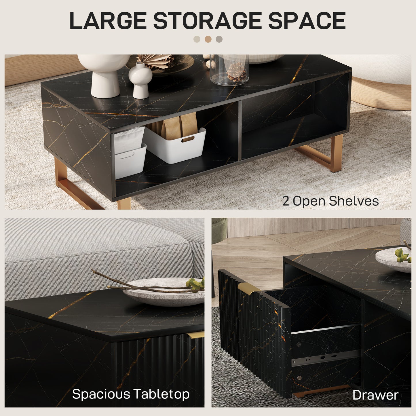 HOMCOM Marble Effect Storage Coffee Table With Drawer And Shelves In Black With Steel Legs