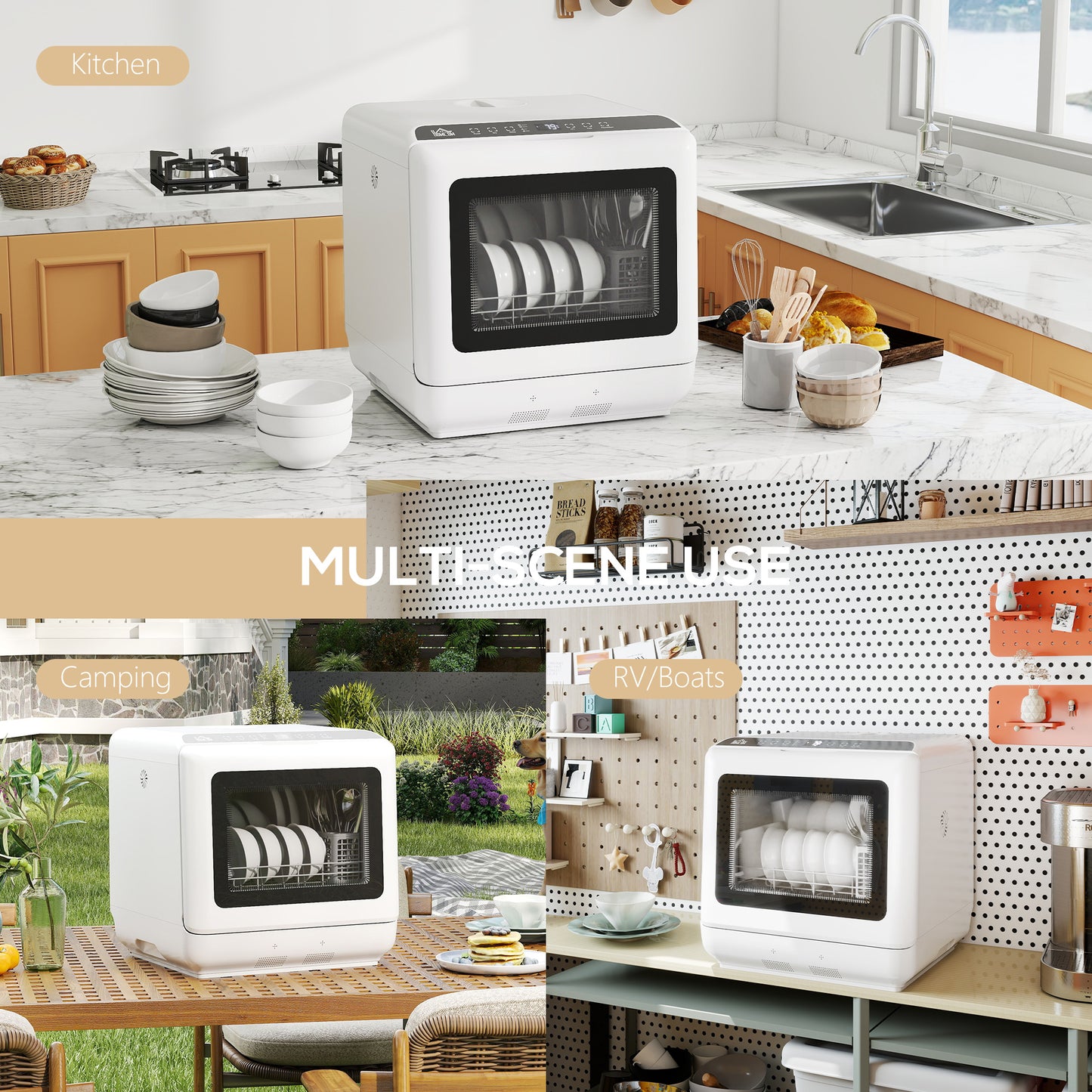 HOMCOM 6L Five Modes Tabletop Dishwasher White Compact Kitchen Appliance Fruit Wash