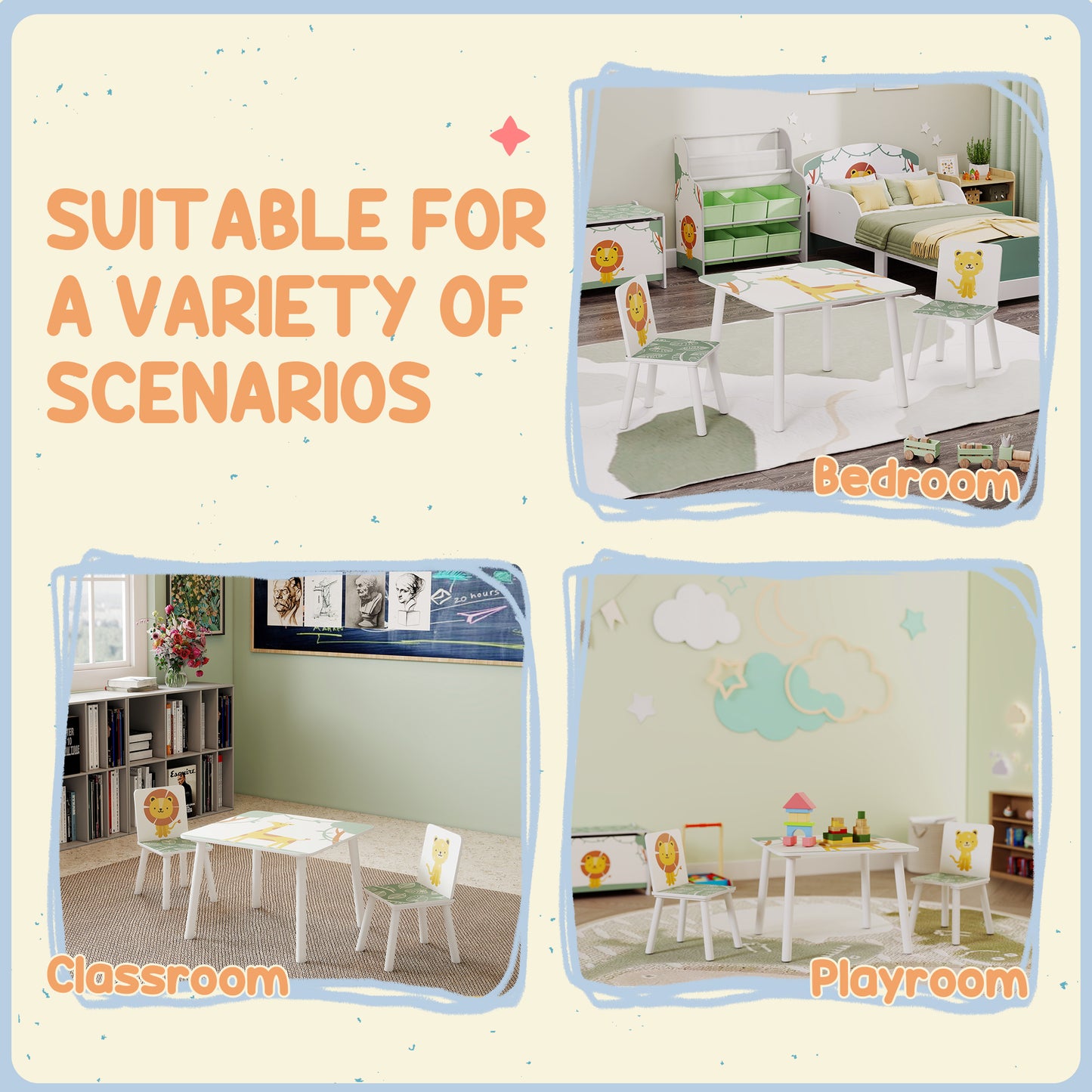 AIYAPLAY 3 Piece Toddler Table and Chair Set with 2 Chairs Green Animal Print Safe Edges for Playroom