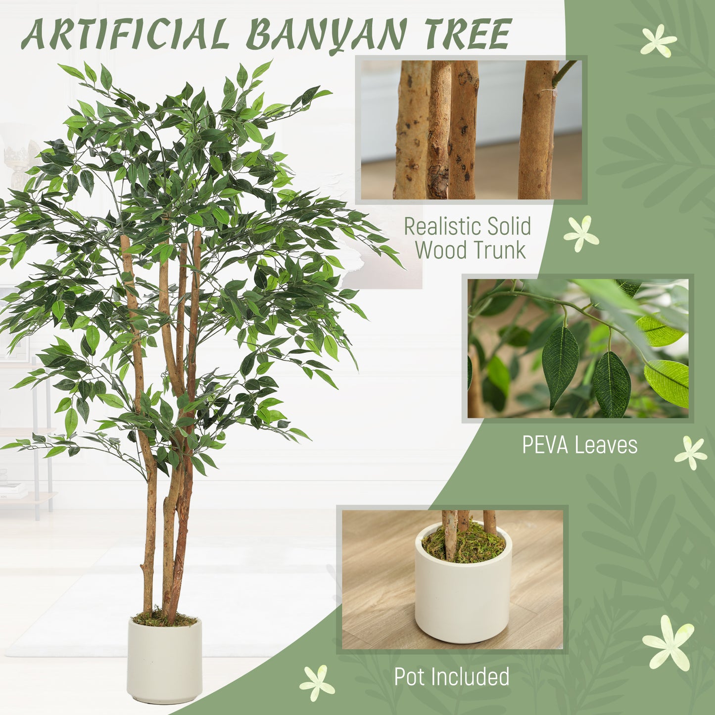 HOMCOM 150cm Artificial Ficus Tree With Solid Wood Trunk In White Pot For Indoor Decor Green Foliage