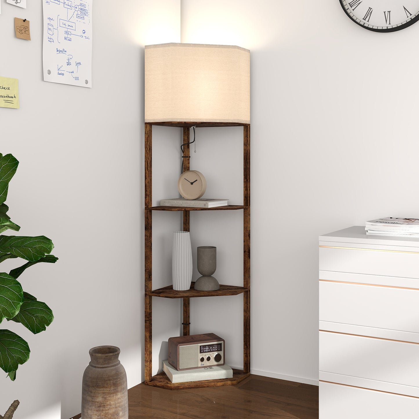 HOMCOM Corner Floor Lamp With Shelves Triangle Wood Effect Design Pull Chain Top Light Soft Fabric Shade