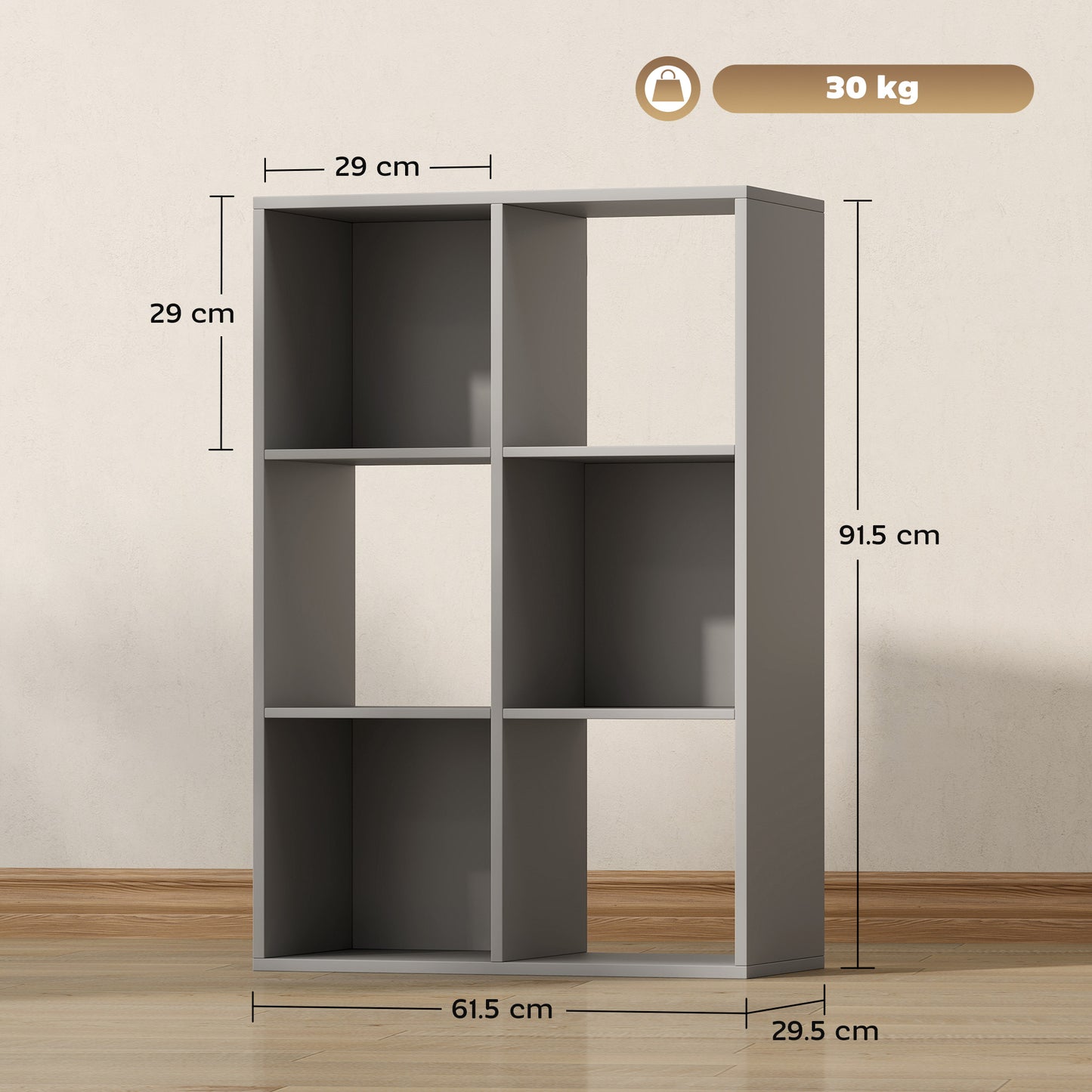 HOMCOM Six Cube Bookshelf In Light Grey Durable Particle Board Storage Organizer For Home Office Living Room