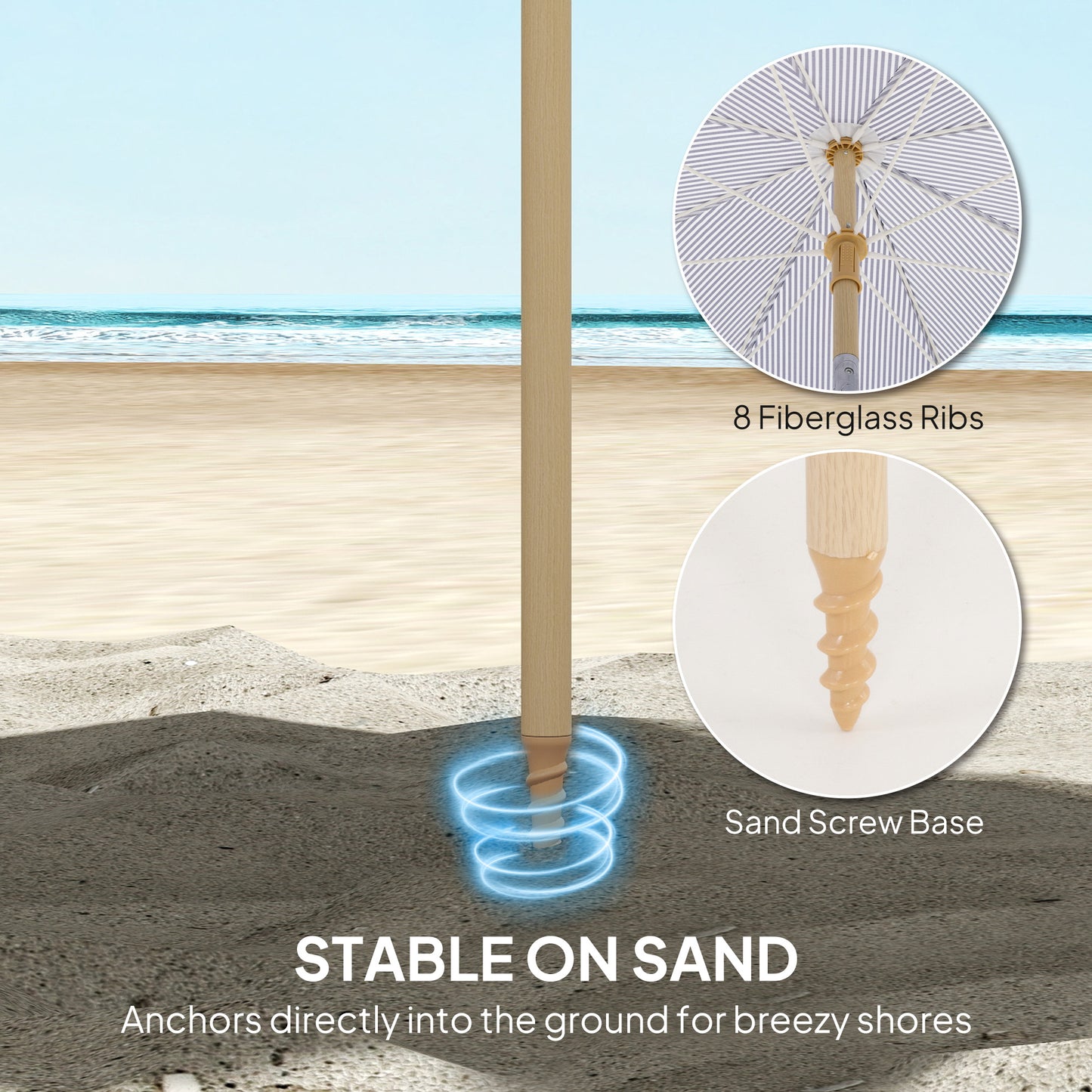 Outsunny 1.7m Beach Umbrella With Sand Anchor And 30 Degree Tilting Adjustable Height Fringed Parasol In Blue