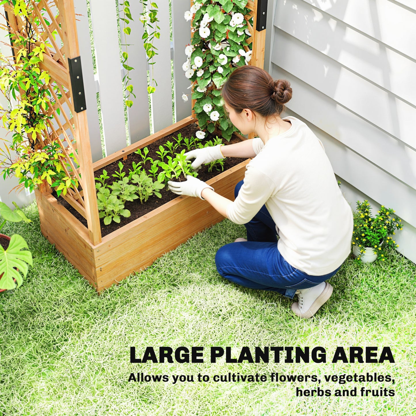 Outsunny Fir Wood Planter and Trellis Garden Bed 110 by 44 cm with 85 by 39 cm Growing Bed for Plants Flowers and Fruits