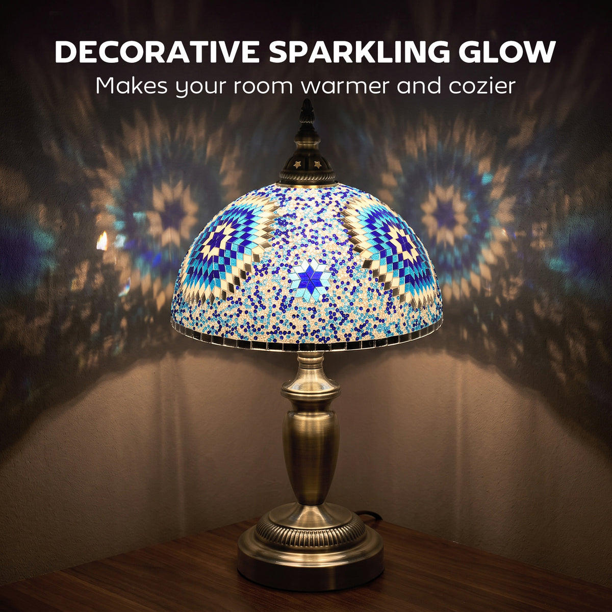 Homcom Blue Tiffany Stained Glass Bedside Table Lamp With Metal Base