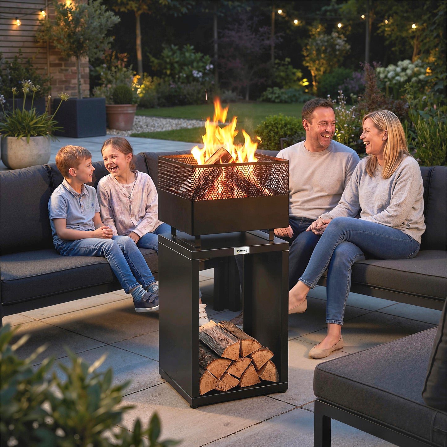 Outsunny Outdoor Fire Pit With Wood Storage 87 CM Black Heavy Gauge Metal Wood Burning With Mesh Sides