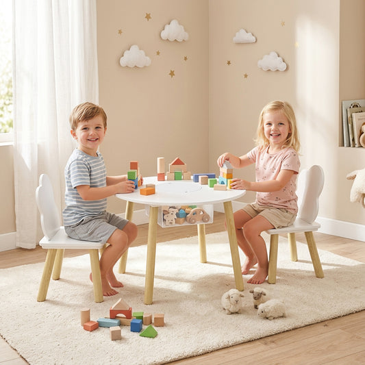 AIYAPLAY Kids Toddler Table and Chairs Set With Storage Bag 3 Piece for Playroom White Durable