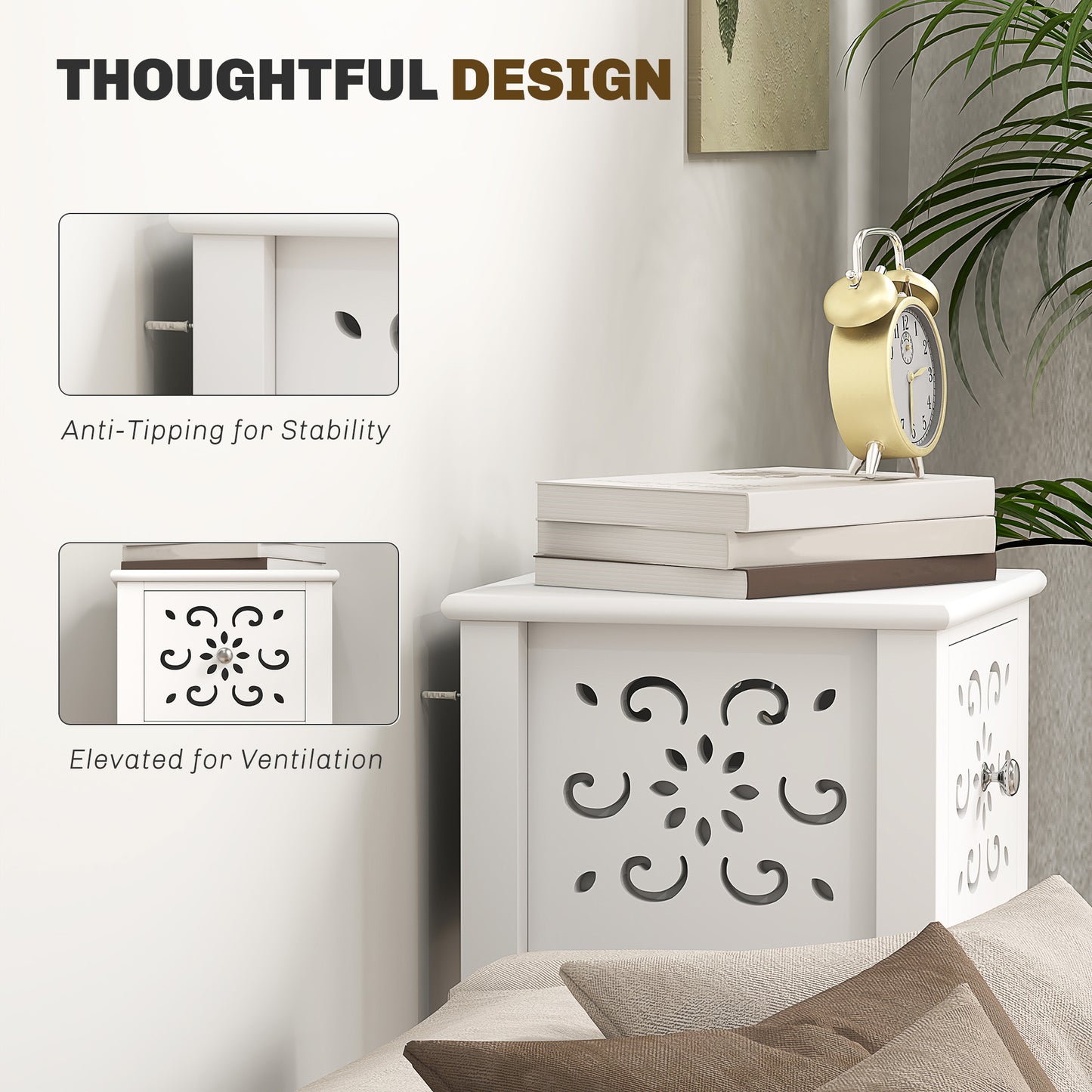 HOMCOM Set of Two Elegant Floral Cutout Side Tables in White with Drawers and Shelves