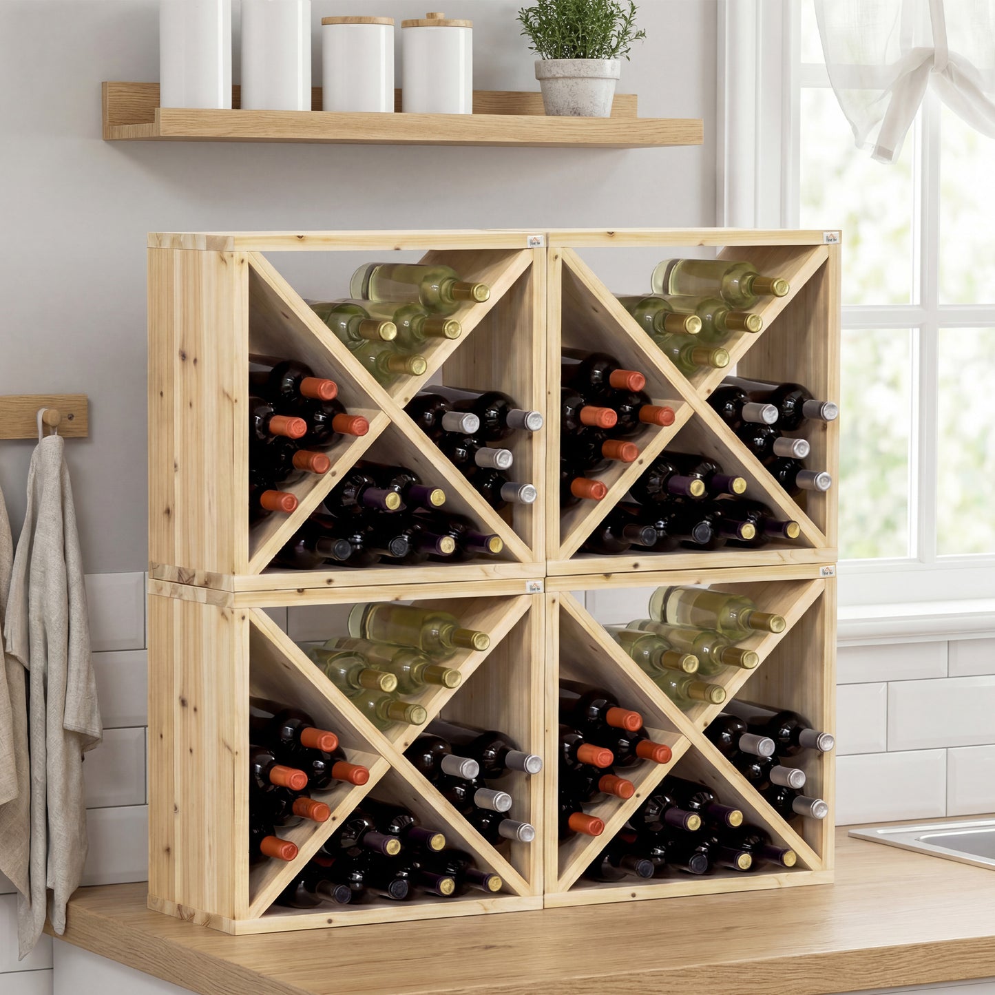 HOMCOM 24 Bottles Solid Wood Wine Rack Stand With X Cube Design Natural Finish For Compact Wine Storage
