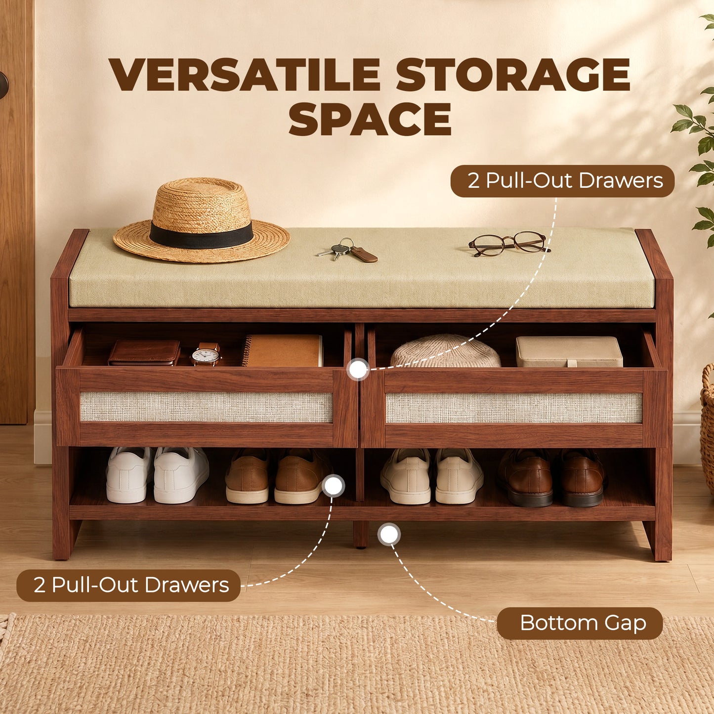 HOMCOM Boho Shoe Storage Bench With Cushioned Seat Open Shelf And Two Rattan Drawers Brown